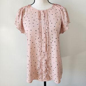 Worthington Petite Womens Medium Mauve Pink Brown Black White Spots Sheer Blouse
